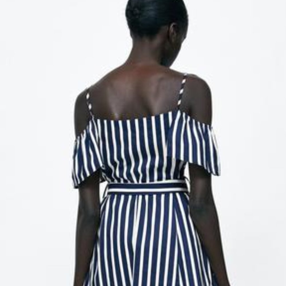 ZARA Cold Shoulder Nautical Navy Blue White Stripe Cotton Midi Dress - Picture 8 of 13